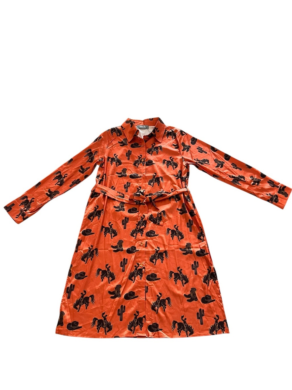 NEW blue b Orange & Brown Equestrian Western Print Button Down Midi Shirt Dress - Picture 3 of 5